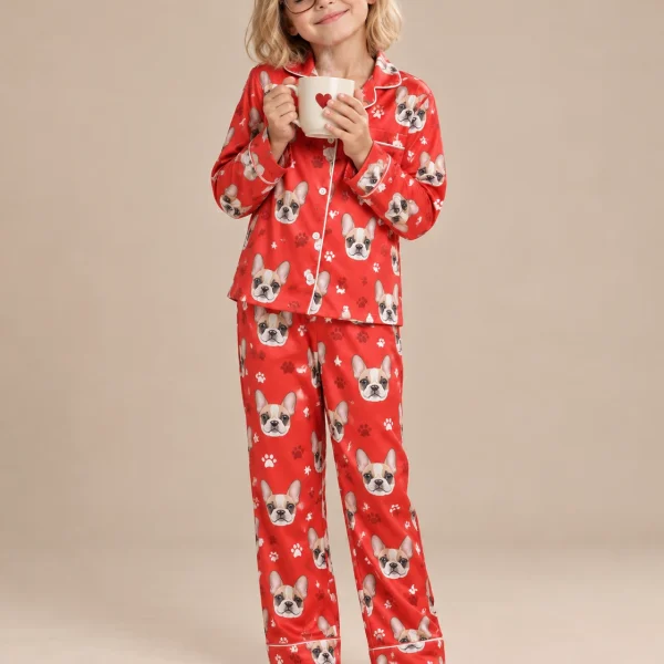 Girl wearing a pajamas for kids covered in cream French bulldog faces on red paw-print satin — MyDogPics