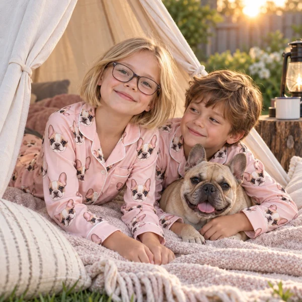 Kids in pajamas for kids with their French bulldog — MyDogPics