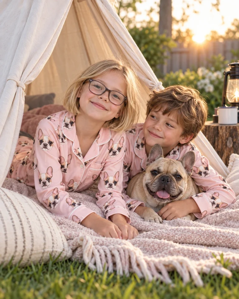 Kids in pajamas for kids with their French bulldog — MyDogPics