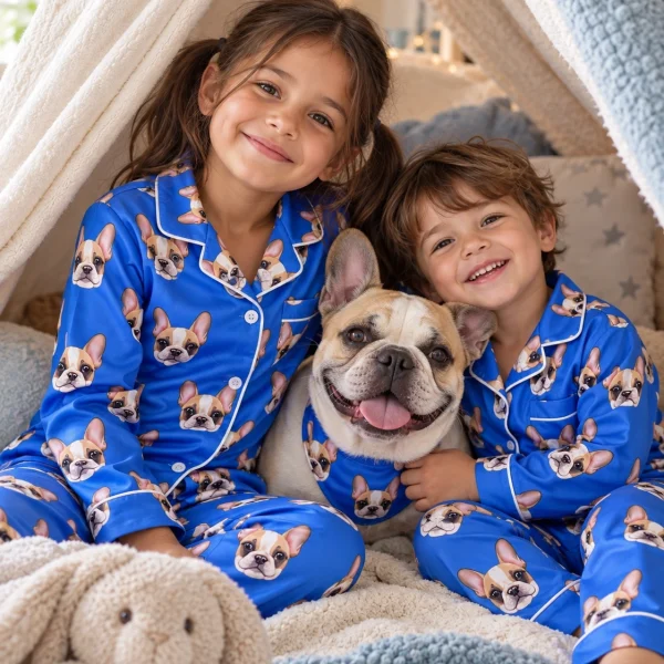 Kids in pajamas for kids with their French bulldog — MyDogPics