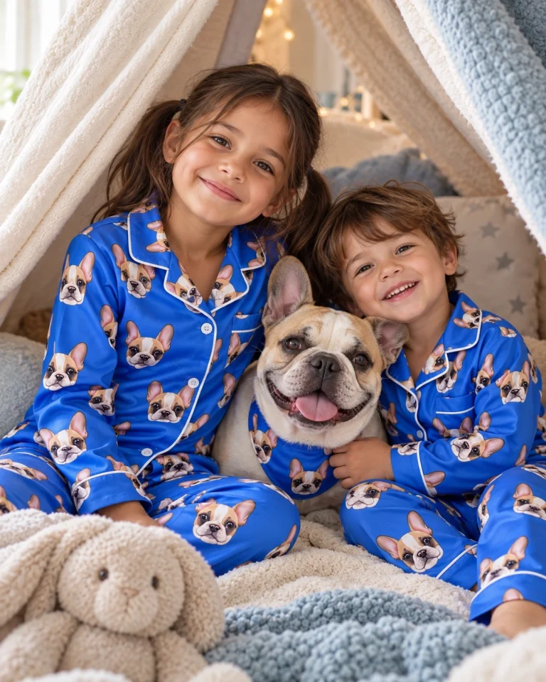 Kids in pajamas for kids with their French bulldog — MyDogPics