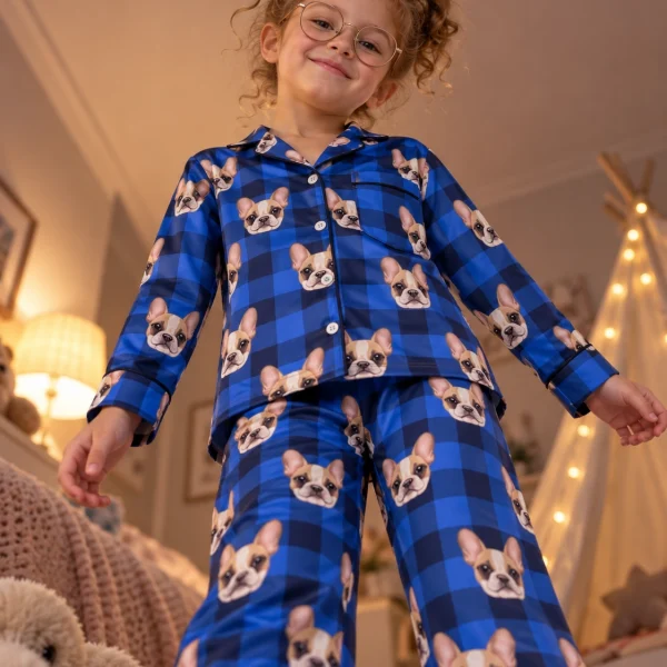 Girl posing in a pajamas for kids, cream French bulldog faces on blue plaid satin — MyDogPics