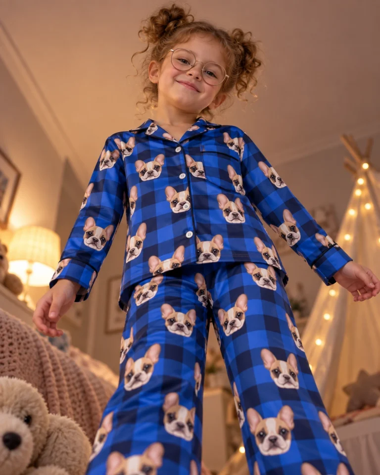Girl posing in a pajamas for kids, cream French bulldog faces on blue plaid satin — MyDogPics