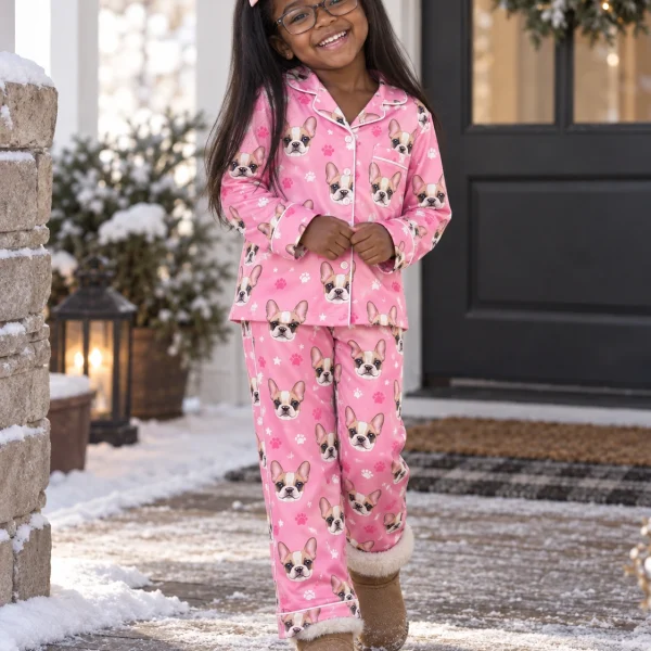 Girl posing in a pajamas for kids, cream French bulldog faces on pink paw-print satin — MyDogPics