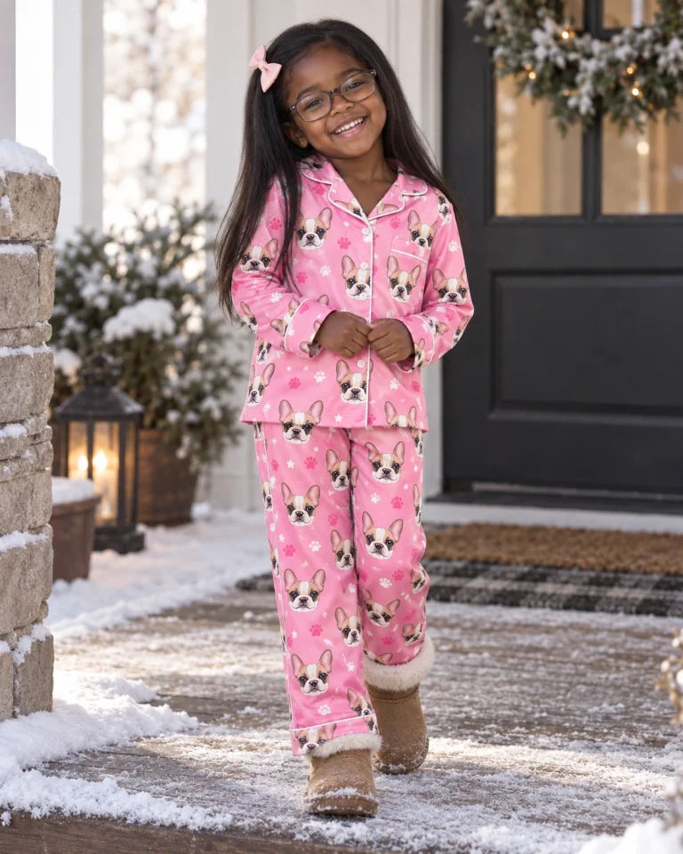 Girl posing in a pajamas for kids, cream French bulldog faces on pink paw-print satin — MyDogPics