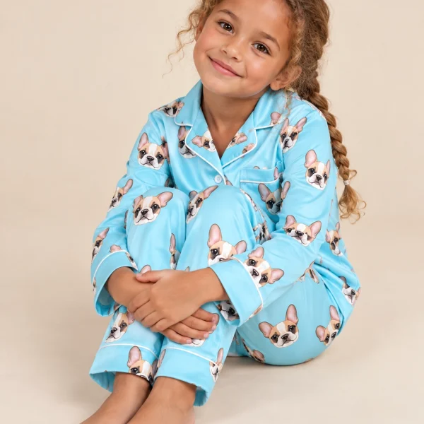 Girl sitting in a pajamas for kids covered in cream French bulldog faces — MyDogPics