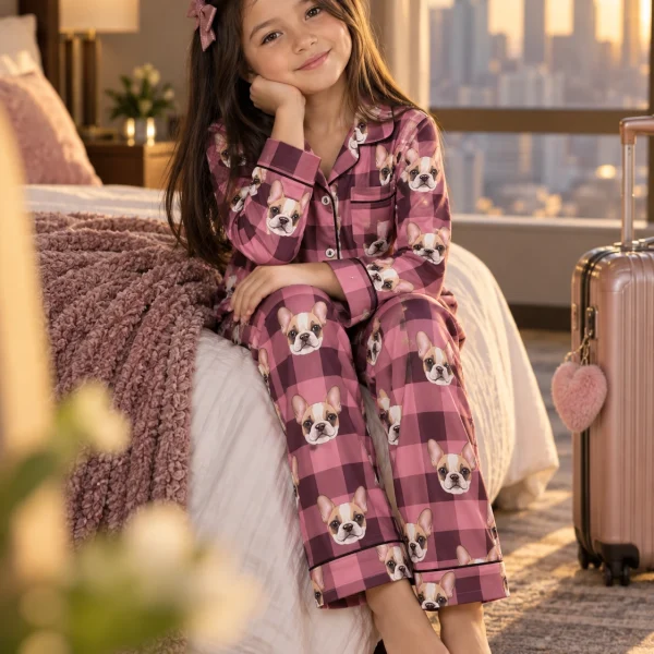 Girl sitting in a pajamas for kids covered in cream French bulldog faces — MyDogPics