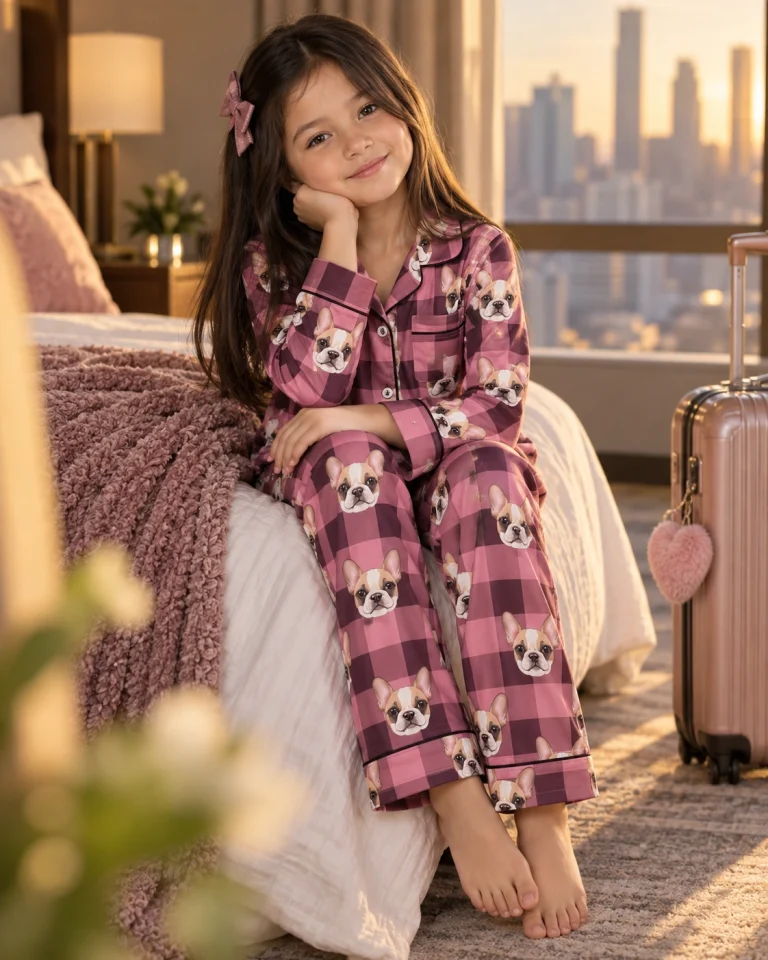 Girl sitting in a pajamas for kids covered in cream French bulldog faces — MyDogPics