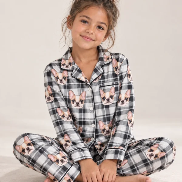 Girl sitting in a pajamas for kids covered in cream French bulldog faces — MyDogPics
