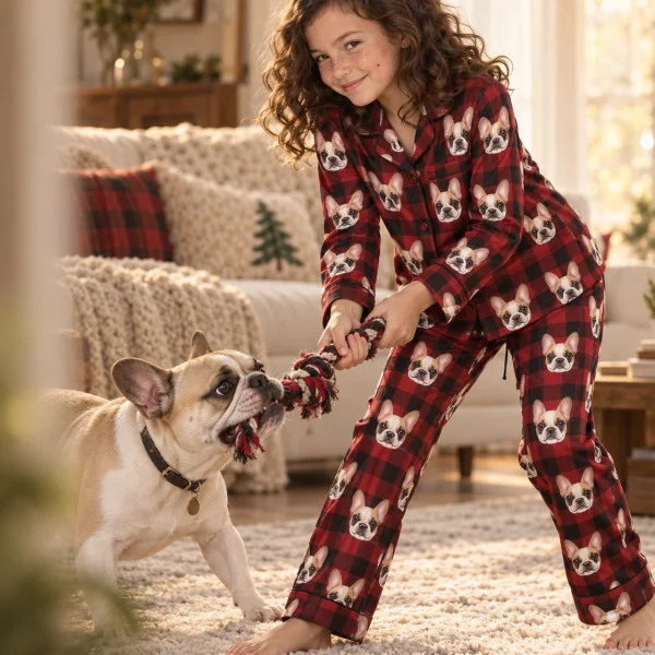 Girl in a pajamas for kids with her French bulldog — MyDogPics