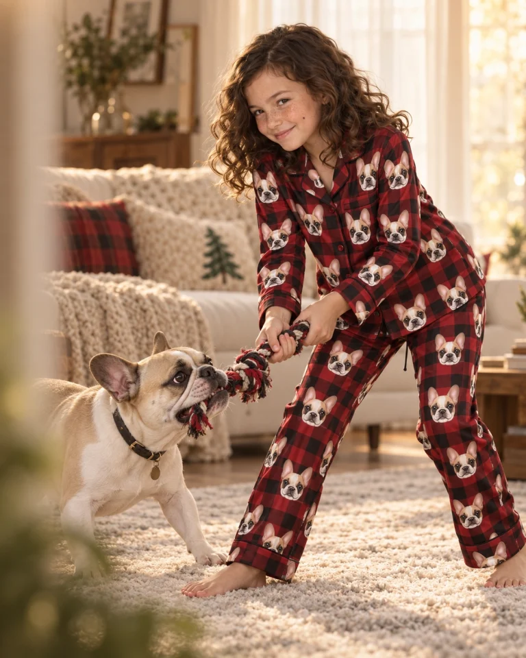 Girl in a pajamas for kids with her French bulldog — MyDogPics