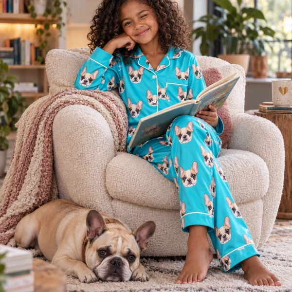 Girl in a pajamas for kids with her French bulldog — MyDogPics