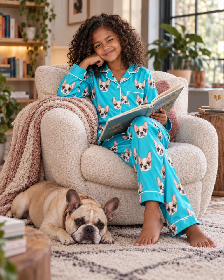 Girl in a pajamas for kids with her French bulldog — MyDogPics