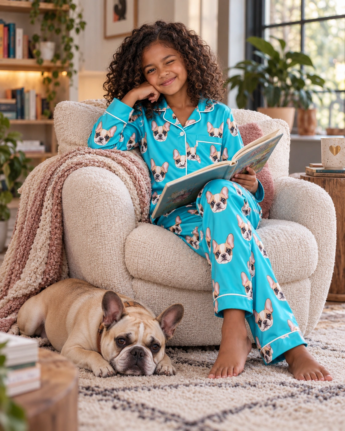 Pajamas for Kids – With Dog, Teal | MyDogPics Girl in a pajamas for kids with her French bulldog — MyDogPics