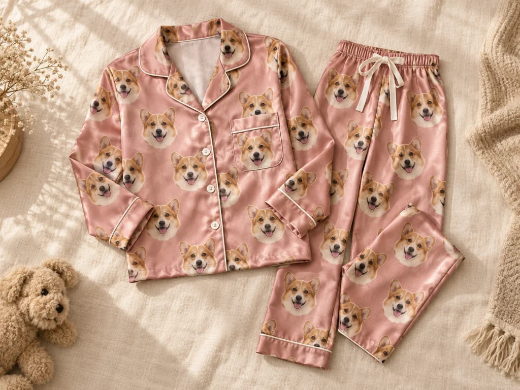 Kids Satin Dog Face Pajama Set printed with a dog’s face — MyDogPics