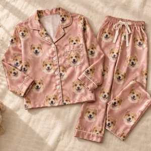 A corgi's face printed all over a personalized childrens satin pajama set — MyDogPics