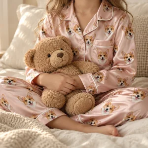 Personalized childrens pjs in pink satin worn with a teddy bear, corgi print — MyDogPics