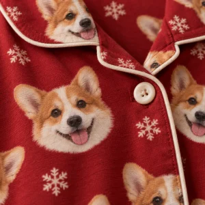 Close-up of the piped collar and snowflake print on personalized Christmas pajamas printed with a corgi's face — MyDogPics
