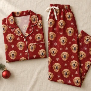A golden retriever's face printed all over personalized Christmas pajamas — MyDogPics