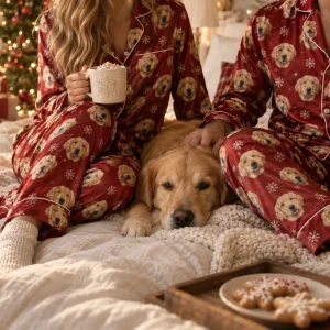 Matching personalized Christmas pajamas worn on Christmas morning — MyDogPics