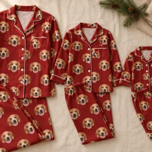 Three matching personalized Christmas pajama sets in adult, youth and child sizes, all printed with the same dog — MyDogPics
