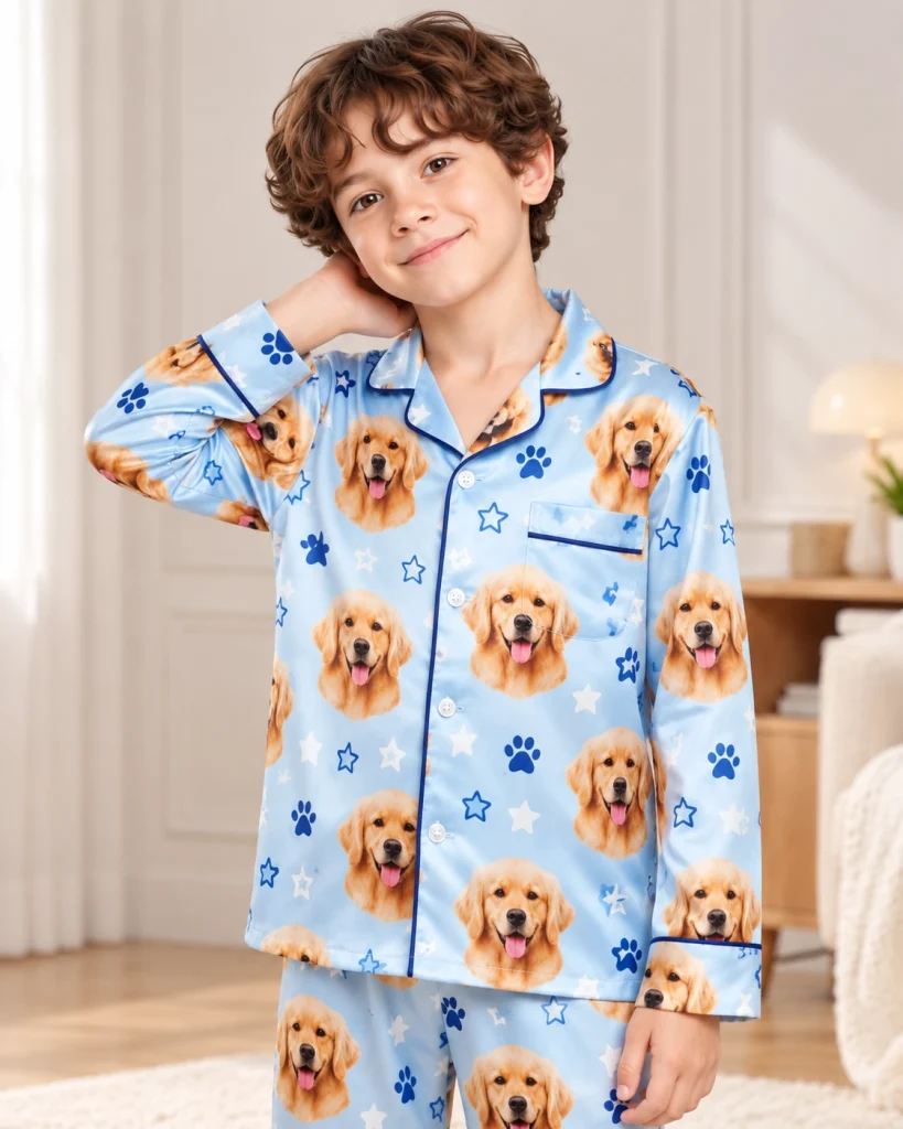 Close-up of the personalized pajamas for kids print: golden retriever faces on sky blue satin with stars — MyDogPics