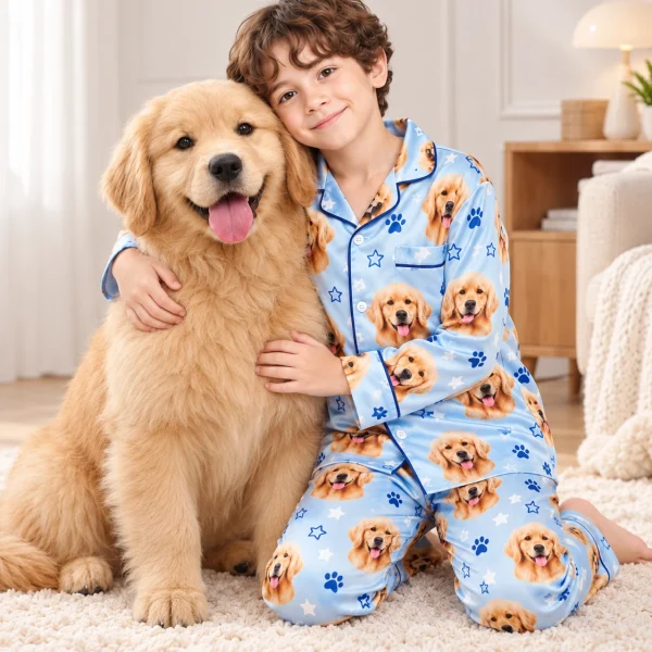 Boy in a personalized pajamas for kids cuddling his golden retriever — MyDogPics