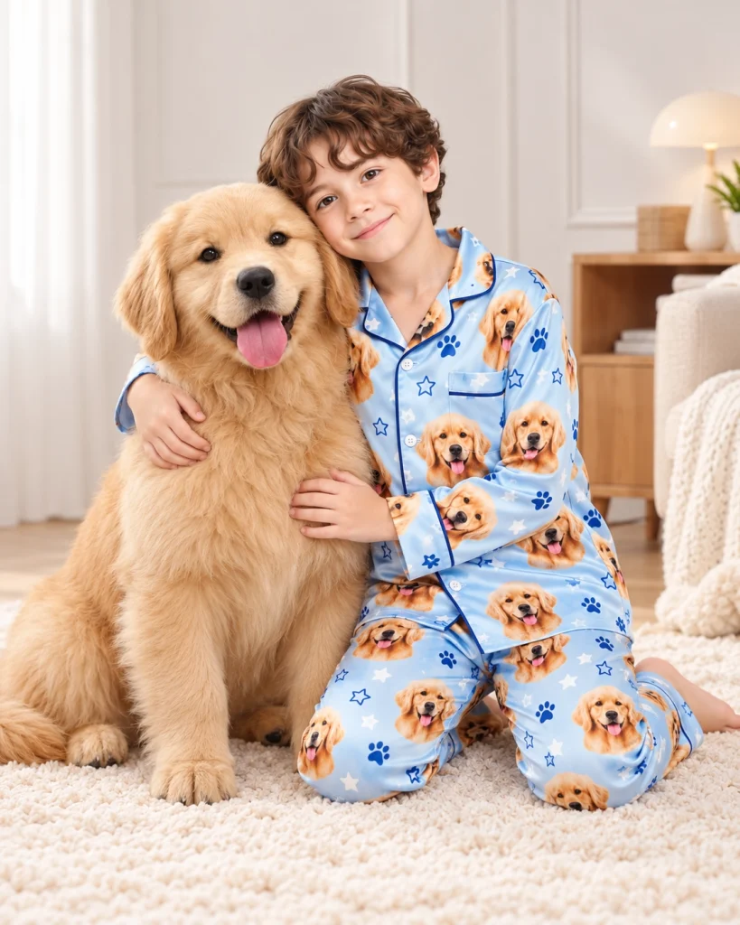 Boy in a personalized pajamas for kids cuddling his golden retriever — MyDogPics