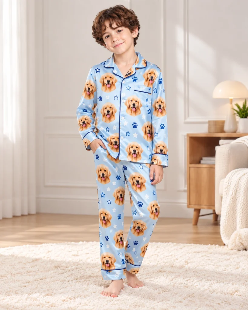 Boy posing in a personalized pajamas for kids, golden retriever faces on sky blue satin with stars — MyDogPics