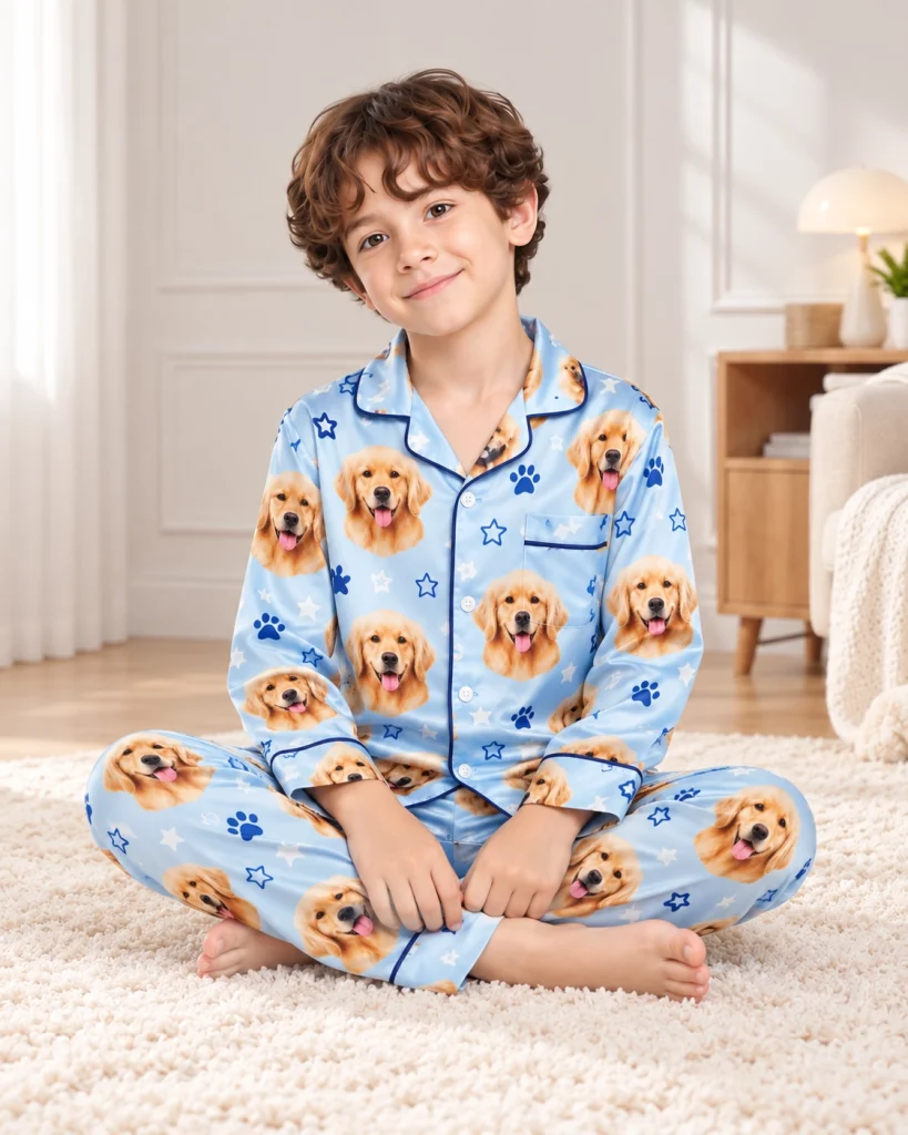 Boy sitting in a personalized pajamas for kids covered in golden retriever faces — MyDogPics