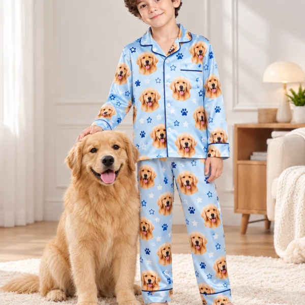Boy in a personalized pajamas for kids standing next to his golden retriever — MyDogPics