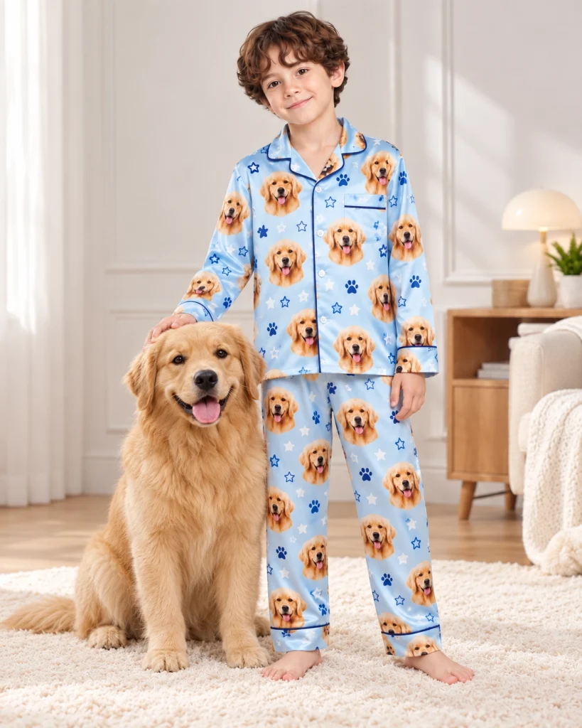 Boy in a personalized pajamas for kids standing next to his golden retriever — MyDogPics