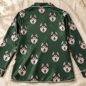 Back view of a satin pajama shirt from personalized pajamas for women, husky print — MyDogPics