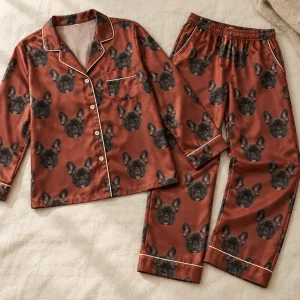 A french bulldog's face printed all over personalized satin pajamas for women — MyDogPics