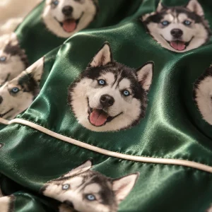 Close-up of the satin fabric and piping on personalized pajamas for women printed with a husky's face — MyDogPics