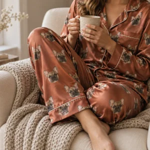 Personalized pajamas for women worn in an armchair, french bulldog print — MyDogPics