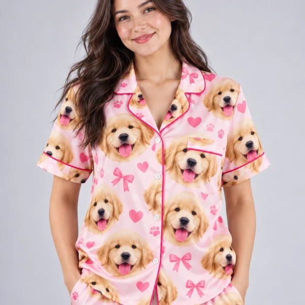 Close-up of the personalized satin pajamas print: golden retriever puppy faces on pink satin with bows and hearts — MyDogPics