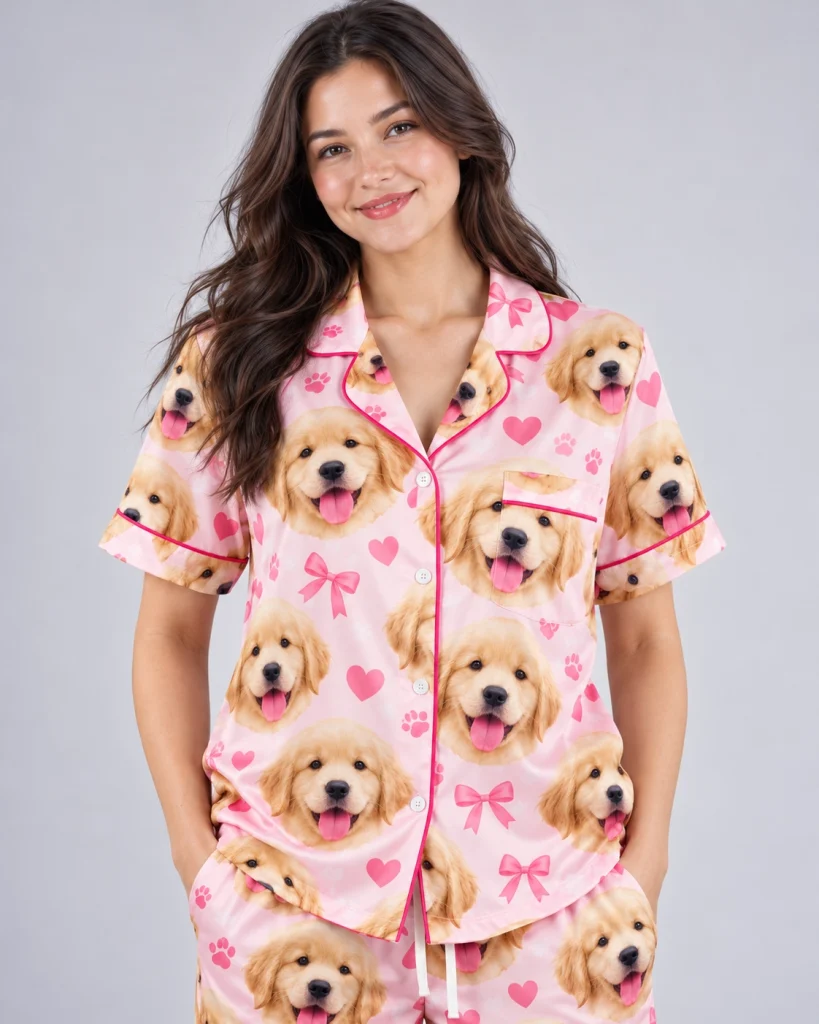 Close-up of the personalized satin pajamas print: golden retriever puppy faces on pink satin with bows and hearts — MyDogPics
