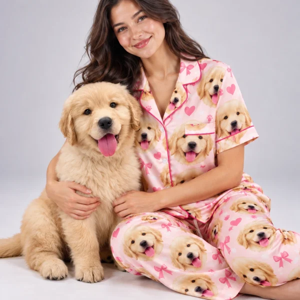 Woman in personalized satin pajamas cuddling her golden retriever puppy — MyDogPics