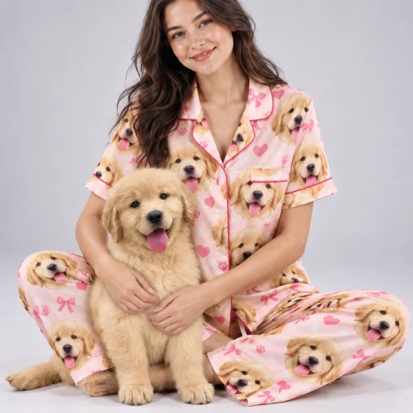 Woman in personalized satin pajamas cuddling her golden retriever puppy — MyDogPics
