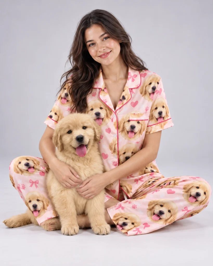 Woman in personalized satin pajamas cuddling her golden retriever puppy — MyDogPics