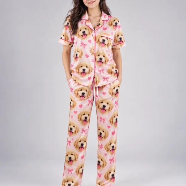 Woman wearing personalized satin pajamas covered in golden retriever puppy faces — MyDogPics