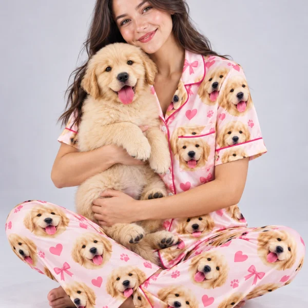 Woman in personalized satin pajamas holding her golden retriever puppy — MyDogPics