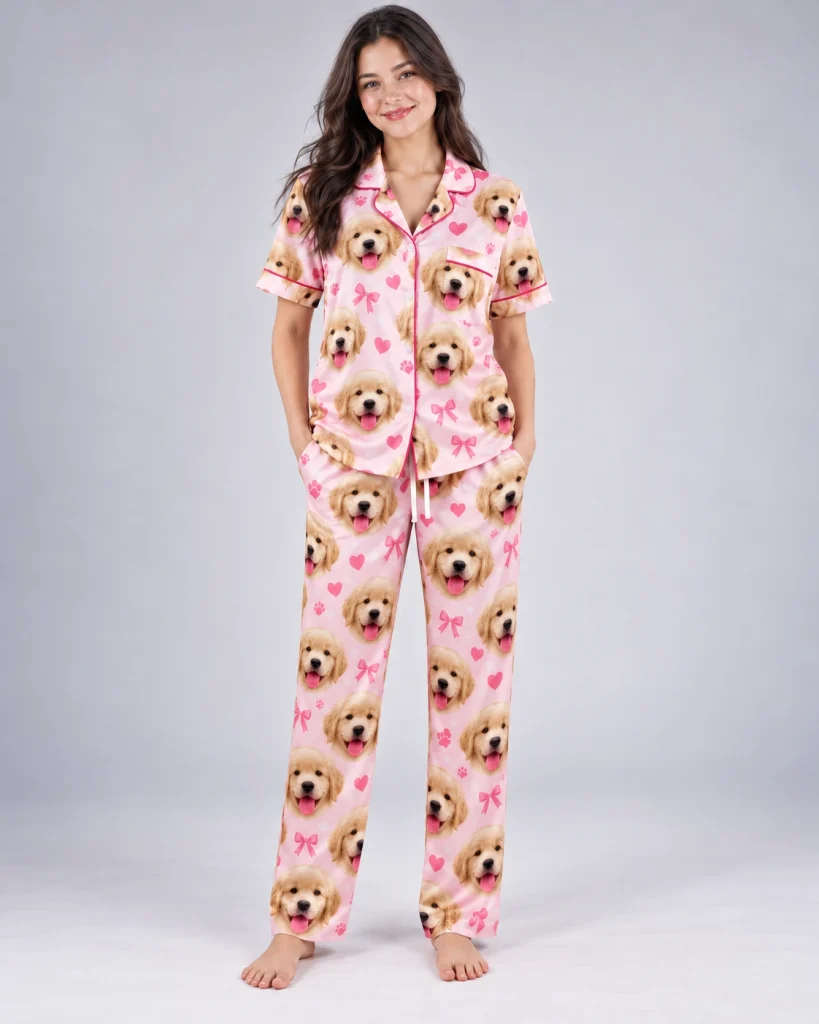 Woman posing in personalized satin pajamas, golden retriever puppy faces on pink satin with bows and hearts — MyDogPics