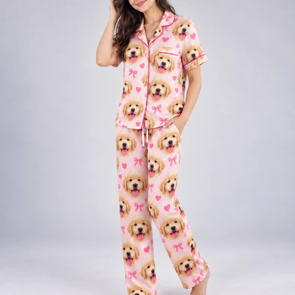 Side view of personalized satin pajamas with golden retriever puppy faces on pink satin with bows and hearts — MyDogPics
