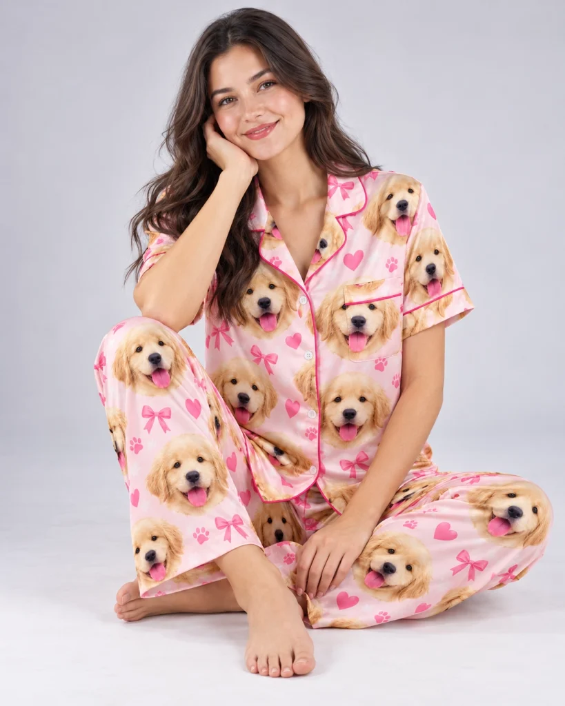 Woman sitting in personalized satin pajamas covered in golden retriever puppy faces — MyDogPics