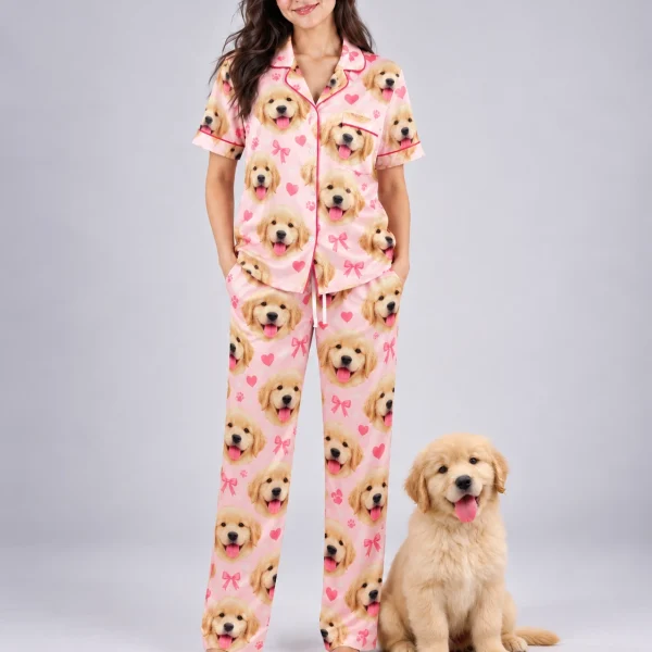 Woman in personalized satin pajamas standing next to her golden retriever puppy — MyDogPics