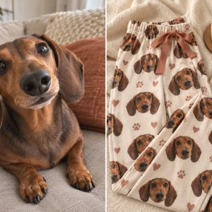 Dachshund photo turned into dog face pajama pants, before and after — MyDogPics