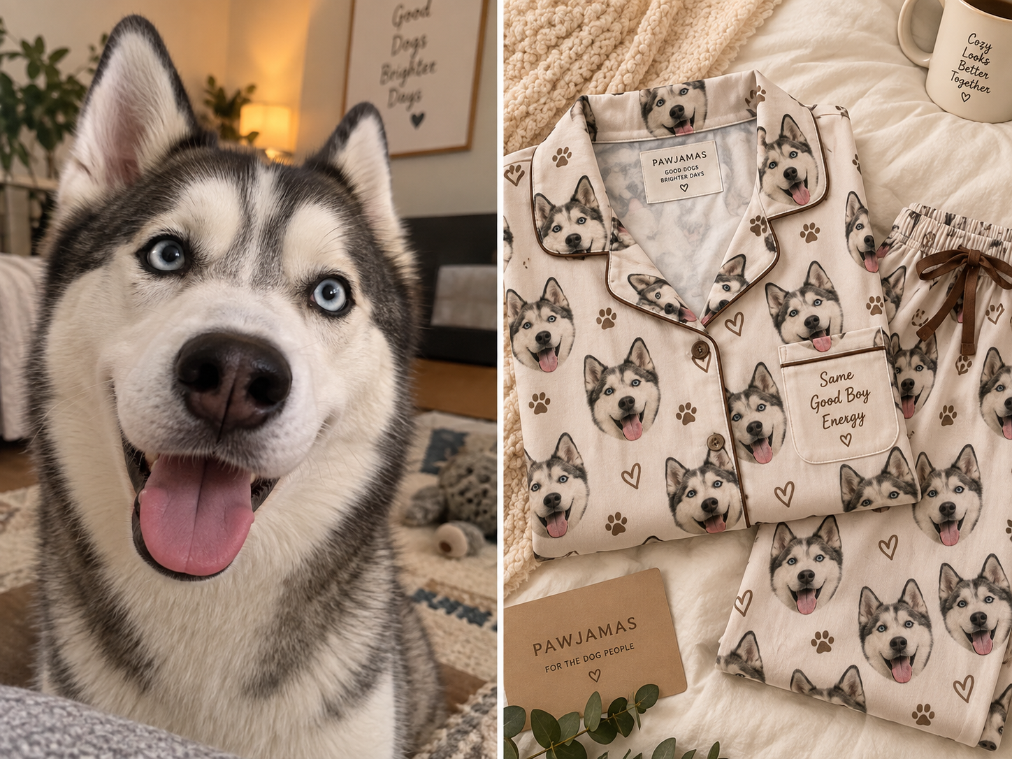 Husky face printed on a matching pajama set — MyDogPics dog face pajamas
