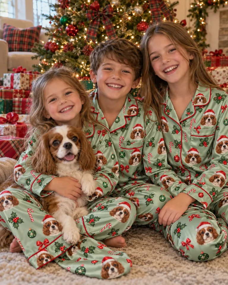 Three kids in matching Christmas pet face pajamas by the tree with their Cavalier spaniel — MyDogPics